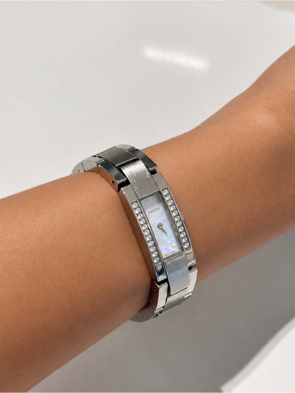 Gucci Vintage Silver Tone Women’s Bracelet Watch with Crystal Accents